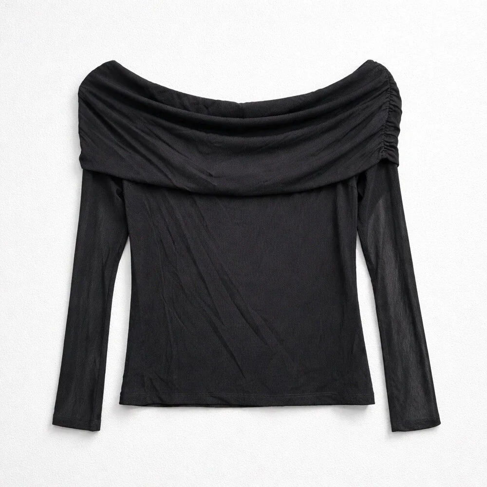 $305 The Kooples Blouse Womens Size M Black Off Shoulder Sheer Long Sleeve NWT - Picture 2 of 5